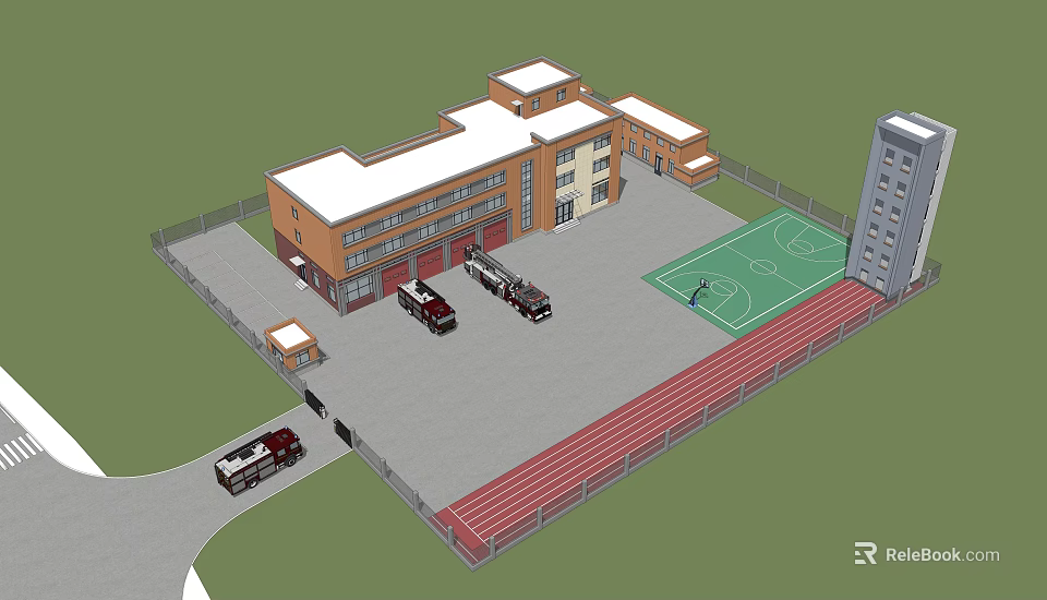 Modern Fire Station Building With Fire Trucks Basketball Court And Running Track 3d model 