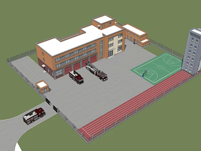 Modern Fire Station Building With Fire Trucks Basketball Court And Running Track 3d model