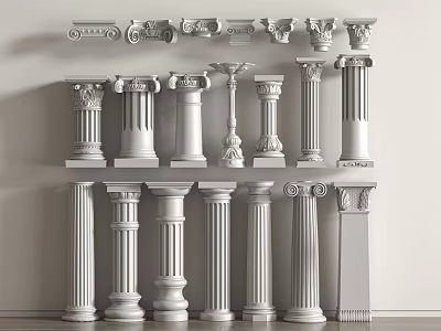 White Decorative Columns In Various Architectural Styles With Ornate Capitals 3d model