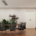 Modern Office Interior With Long Wooden Table Black Chairs Green Plants And Bookshelves