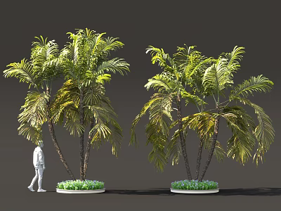 Lush Palm Trees with Green Plants at Base and White Figure Nearby 3d model