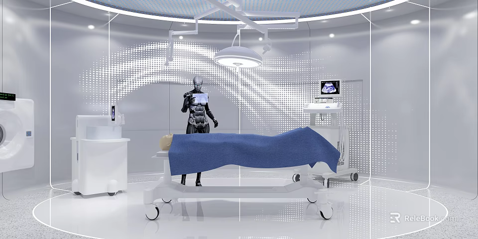 Futuristic Operating Room Interior With Robot Medical Equipment And Blue Cloth Covered Table 3d model 