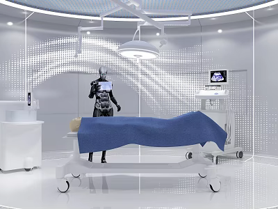 Futuristic Operating Room Interior With Robot Medical Equipment And Blue Cloth Covered Table 3d model