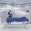 Futuristic Operating Room Interior With Robot Medical Equipment And Blue Cloth Covered Table