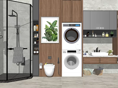 Modern Bathroom Interior With Washbasin Washing Machine Toilet Cabinet Green Plant And Decorative Painting 3d model