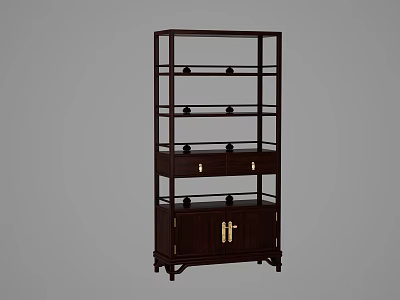 Dark Brown Wooden Display Cabinet With Multiple Shelves Drawers And Brass Handles 3d model
