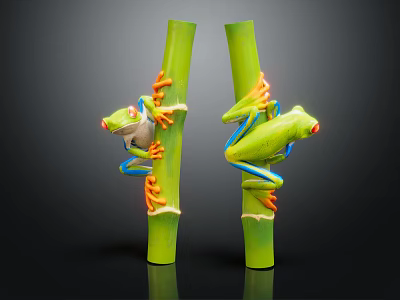 Red Eyed Tree Frogs Climbing On Green Bamboo Stalks Against Dark Background 3d model