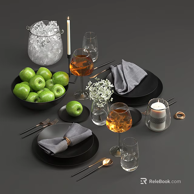 Stylish Black Dinnerware Set With Gray Napkins Green Apples Wine Glasses And Candle 3d model 