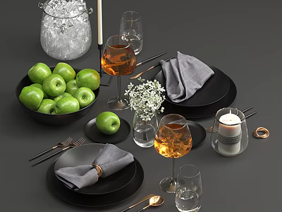 Stylish Black Dinnerware Set With Gray Napkins Green Apples Wine Glasses And Candle 3d model