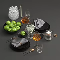 Stylish Black Dinnerware Set With Gray Napkins Green Apples Wine Glasses And Candle