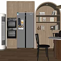 Modern Wooden Restaurant Interior With Arched Shelves Kitchen Appliances Dining Table And Chairs