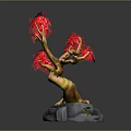 Decorative Bonsai Plant With Red Leaves Curved Trunk And Stone Base