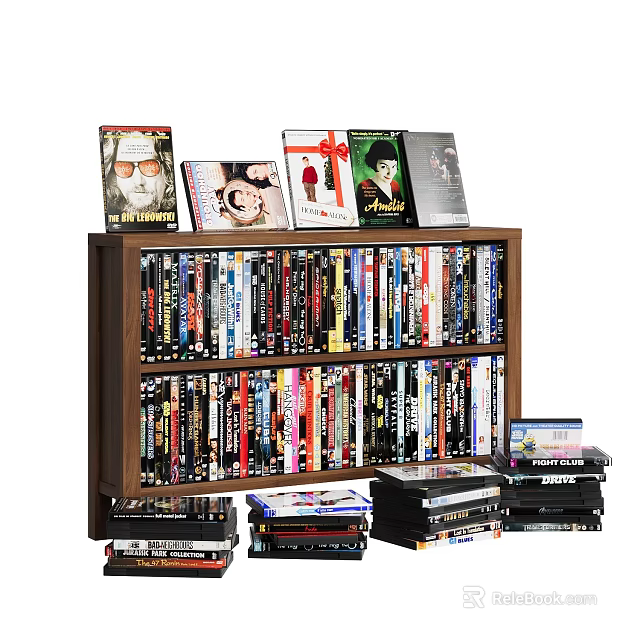 Wooden Bookshelf Filled with Books DVDs CDs and Stacked Media Items 3d model 