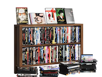 Wooden Bookshelf Filled with Books DVDs CDs and Stacked Media Items 3d model