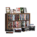 Wooden Bookshelf Filled with Books DVDs CDs and Stacked Media Items