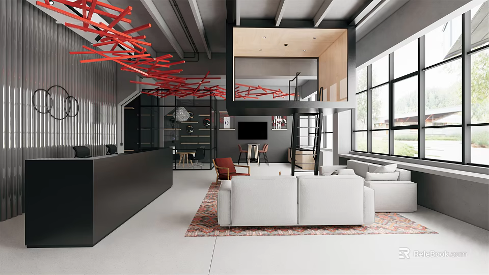 Industrial Style Lounge Area With White Sofas Red Chairs Large Windows And Open Space 3d model