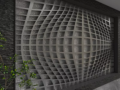 Modern Luxury Gray Background Wall With Geometric Hollow Design And Plant Decor 3d model