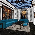 Modern KTV Luxury Interior With Blue Sofa Marble Floor Art Decor And Lighting Design