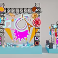 Vibrant Stage Scene With Steel Frame Colorful Decorations Speakers Gears And Musical Notes