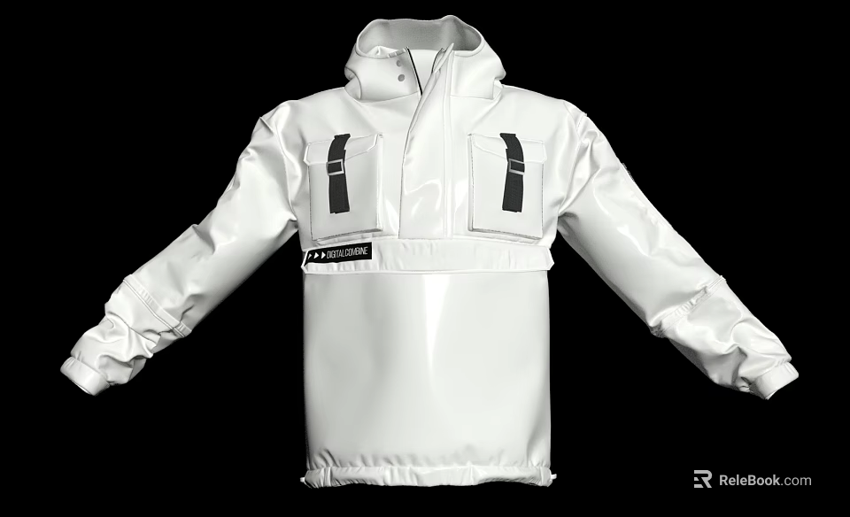 White Modern Hooded Jacket With Chest Pockets Black Straps And Brand Label 3d model 
