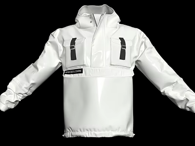 White Modern Hooded Jacket With Chest Pockets Black Straps And Brand Label 3d model
