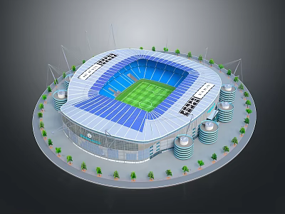 Modern Sports Stadium 3D Rendering With Blue Roof Green Turf Surrounding Towers And Trees 3d model