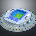 Modern Sports Stadium 3D Rendering With Blue Roof Green Turf Surrounding Towers And Trees