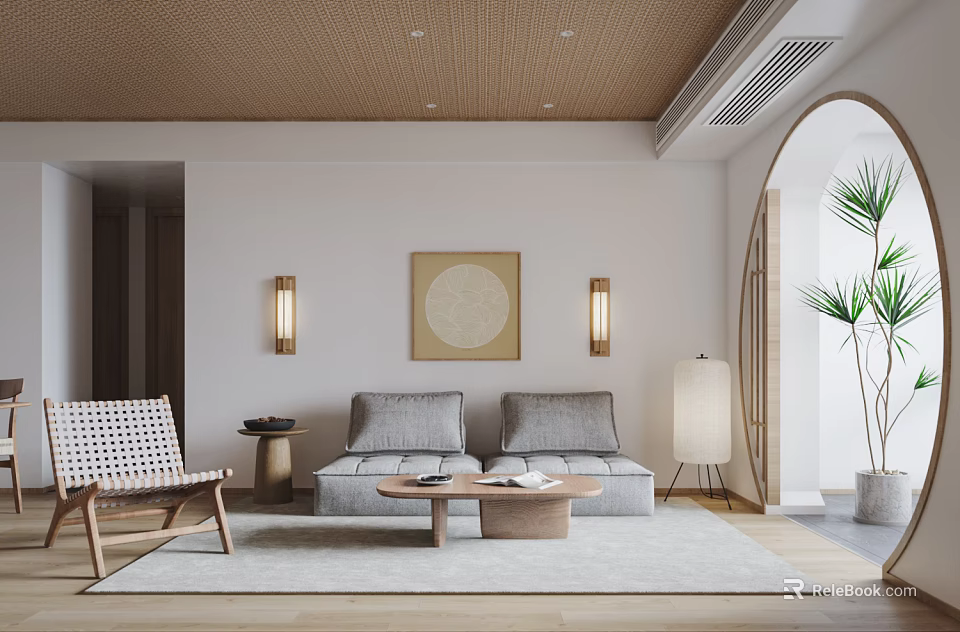 Modern Living Room Interior With Grey Sofa Coffee Table Decorative Painting And Plants 3d model 