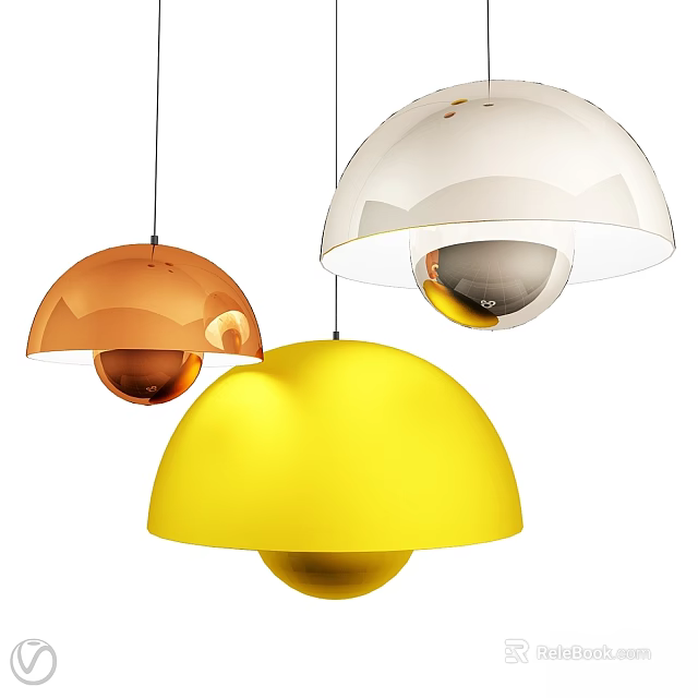 Colorful Modern Pendant Lights With Orange White Yellow Hemispherical Shades And Spherical Bases 3d model 