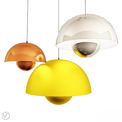 Colorful Modern Pendant Lights With Orange White Yellow Hemispherical Shades And Spherical Bases 3d model