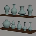 Multiple Turquoise Ceramic Vases in Various Shapes Displayed on Wooden Shelves