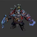 Panda Warrior Game Character With Crown Red Blue Armor And Blue Battle Axes