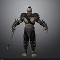 Muscular Bald Warrior With Armored Shoulders Arm Guards And Leather Pants Holding Sword