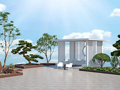 Outdoor Pavilion Space With Paved Floor White Chairs Green Trees And Blue Sky 3d model