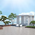 Outdoor Pavilion Space With Paved Floor White Chairs Green Trees And Blue Sky