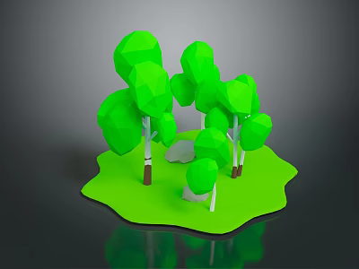 Low Poly Style Green Plants And Trees With Stone On Green Ground 3d model
