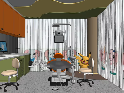 Cheerful Pediatric Dental Office With Dental Chair Pikachu Plush And Colorful Cabinets 3d model