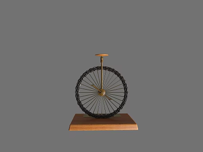 Single Wheel Bicycle Model With Black Spokes Gold Center And Wooden Base 3d model