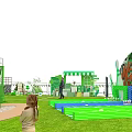 Vibrant Commercial Street With Green Lawn Innovation Displays Event Tents And People Activities