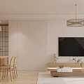 Elegant Modern Living and Dining Room Interior With Beige Sofa Wooden Table and Wall Paintings