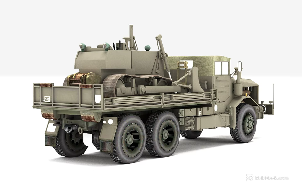 Military Style Multi Wheel Utility Vehicle With Olive Green Exterior And Mechanical Equipment 3d model 