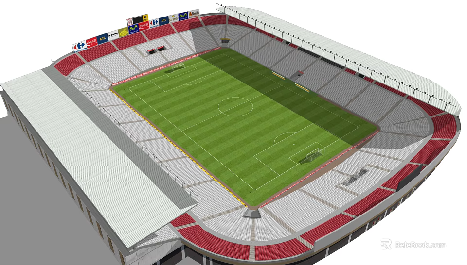 Large Modern Football Stadium With Green Grass Pitch Red And White Seating And Roof Structure 3d model 