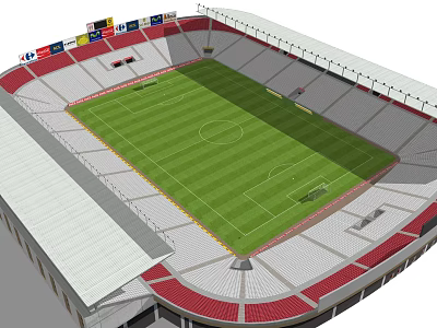 Large Modern Football Stadium With Green Grass Pitch Red And White Seating And Roof Structure 3d model
