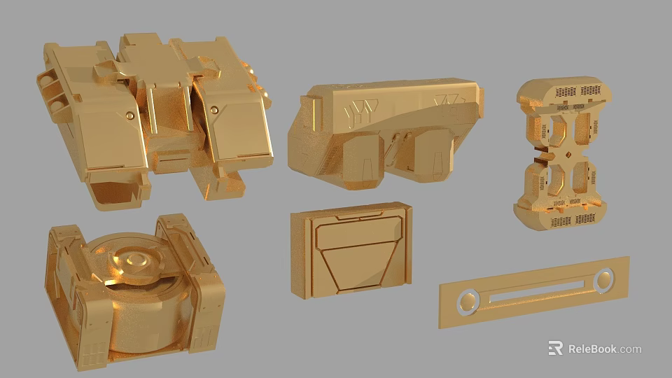 Golden Hardware Tools With Various Shapes And Precision Metal Components 3d model 