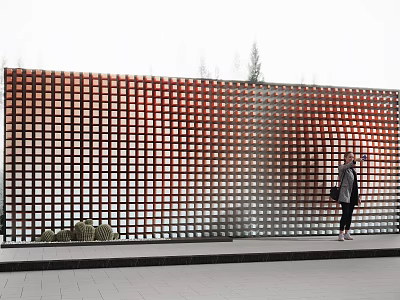Red Grid Patterned Feature Wall With Person Standing Cacti In Front And Trees In Background 3d model