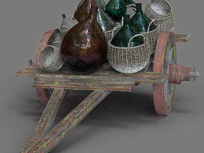 Vintage Wooden Cart Loaded With Colorful Glass Bottles And Wicker Baskets 3d model