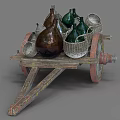 Vintage Wooden Cart Loaded With Colorful Glass Bottles And Wicker Baskets