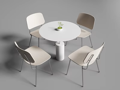 Modern Negotiation Table And Chairs With Round White Tabletop Light Seats Metal Legs Green Plant 3d model