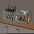 Efficient Kitchenware Storage With Two Tier White And Gold Racks Glass Jars Mugs Plates Bowls