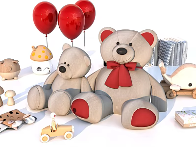 Large Small Teddy Bear Dolls with Red Bow Red Paws Red Balloons Wooden Train Blocks 3d model